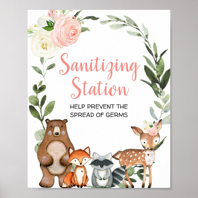 Sanitising station pink floral woodland shower poster (Front)