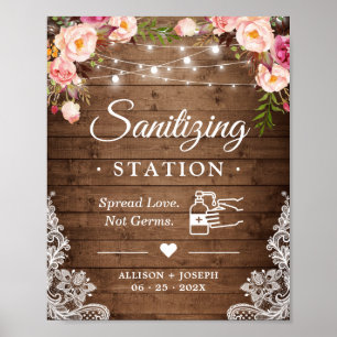 Sanitising Station Rustic Floral String Lights Poster