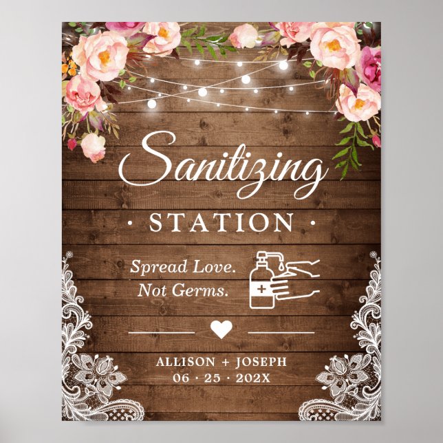 Sanitising Station Rustic Floral String Lights Poster (Front)