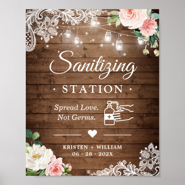 Sanitising Station Rustic Mason Jar Lights Floral Poster (Front)