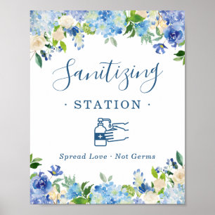 Sanitising Station Sign Blue Hydrangea Floral