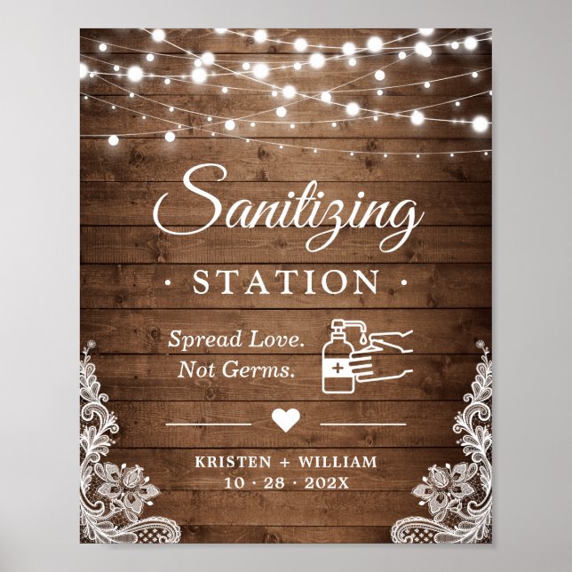 Sanitising Station Sign Rustic Wood Twinkle Lights (Front)