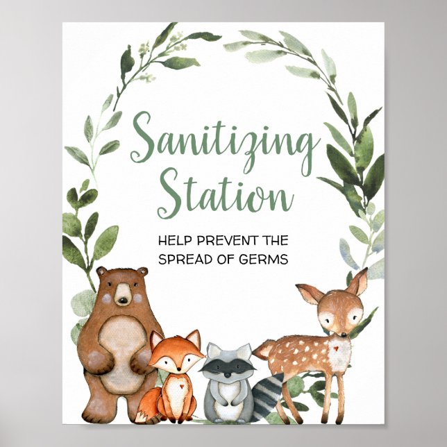 Sanitising station woodland animals baby shower poster (Front)
