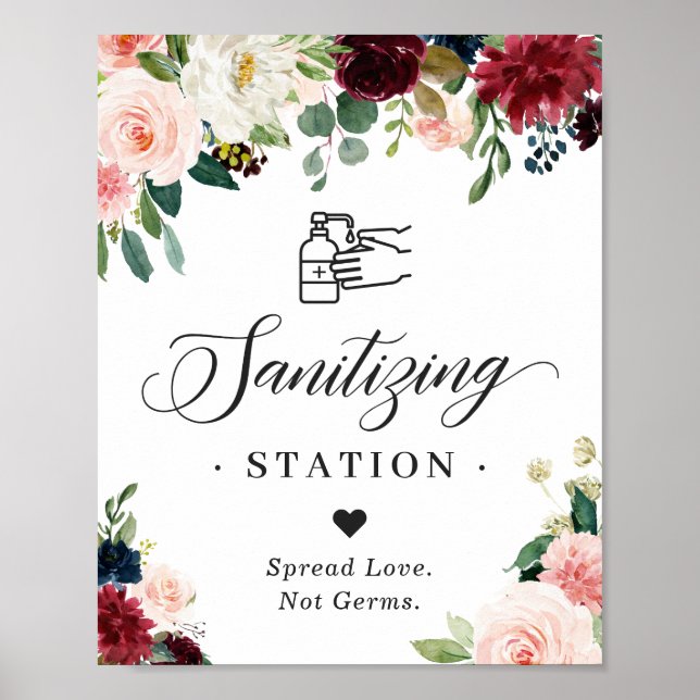 Sanitizing Station Sign Burgundy Blush Blue Floral (Front)