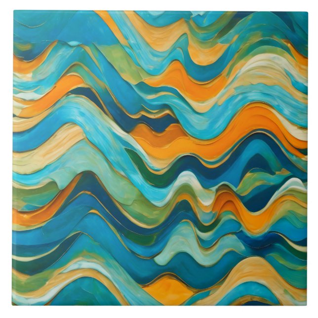 "Sanlúcar" Blue Green Orange Waves Ceramic Tile (Front)