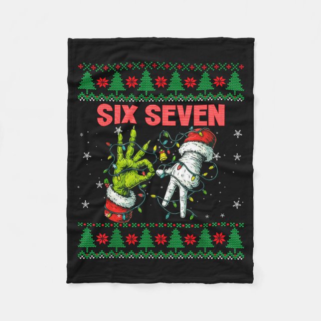 Santa 67 Christmas Ugly Sweater Fingers Six Seven  Fleece Blanket (Front)