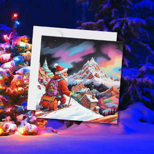 Santa above valley skiing christmas  holiday card