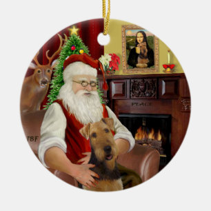 Santa-Airedale Ceramic Ornament