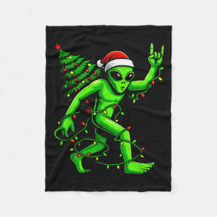 Santa Alien Christmas Tree Xmas Lights Funny Ufo  Fleece Blanket