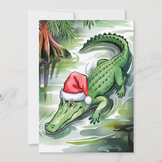 Santa Alligator Swimming in the Bayou Holiday Card (Front)