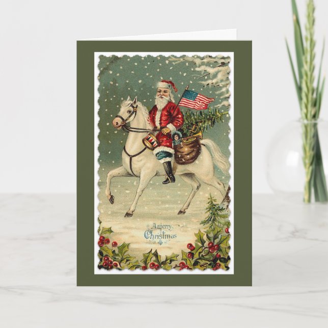 Santa American Flag Horse Christmas Holiday Card (Front)