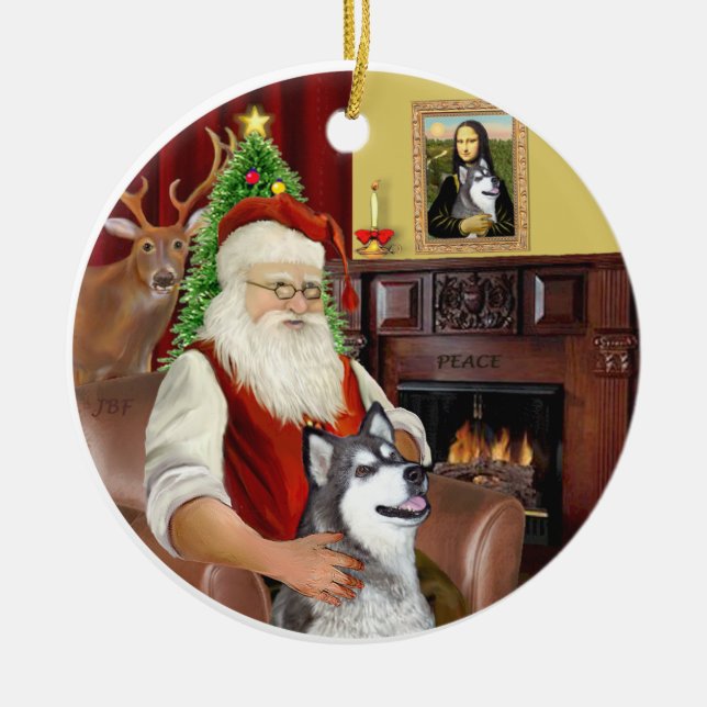 Santa and a Alaskan Malamute Ceramic Tree Decoration (Front)