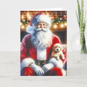 Santa and a Puppy   Vintage Christmas Holiday Card