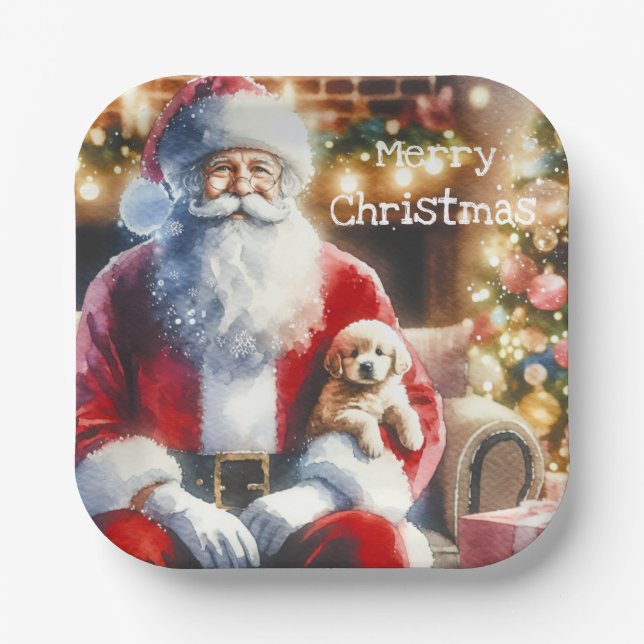 Santa and a Puppy | Vintage Christmas Paper Plate (Front)