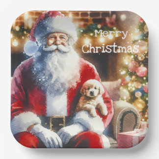 Santa and a Puppy | Vintage Christmas Paper Plate
