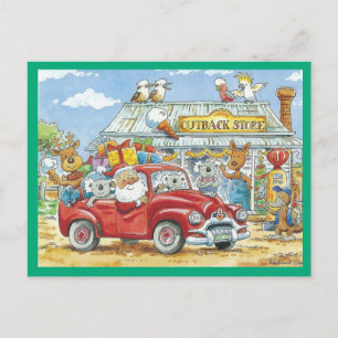 Santa and animals riding a pickup truck holiday postcard