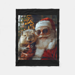 Santa And Beaver Selfie Funny Christmas Design  Fleece Blanket