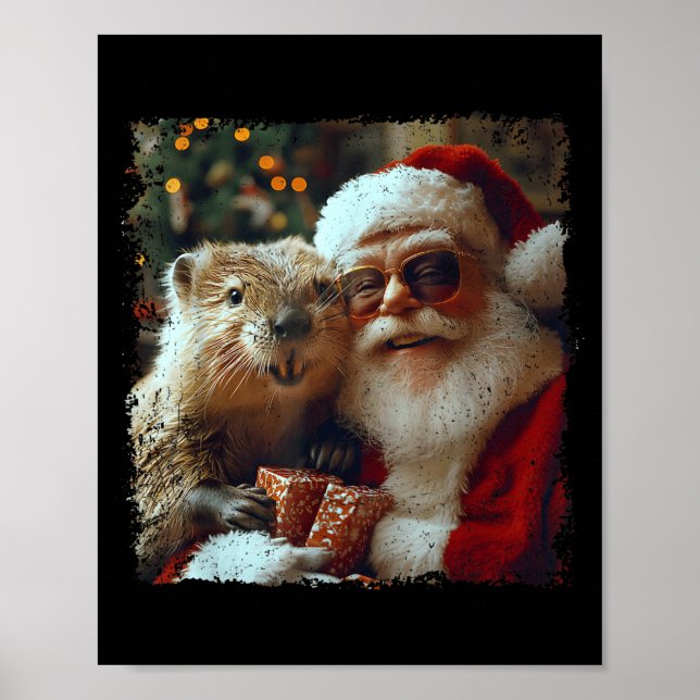 Santa And Beaver Selfie Funny Christmas Design  Poster (Front)