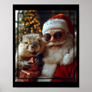 Santa And Beaver Selfie Funny Christmas Design Poster