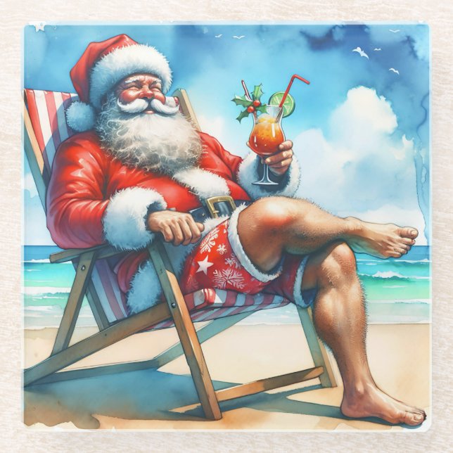 Santa and Bloody Marry Funny Snowbirds Christmas Glass Coaster (Front)