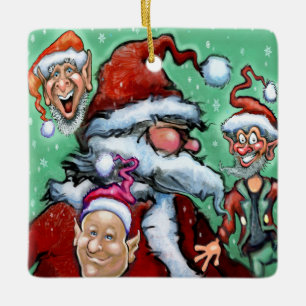 Santa and Christmas Elves Ceramic Ornament