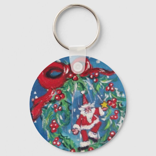 SANTA AND CHRISTMAS NIGHT CROWN WITH RED RIBBON KEY RING (Front)