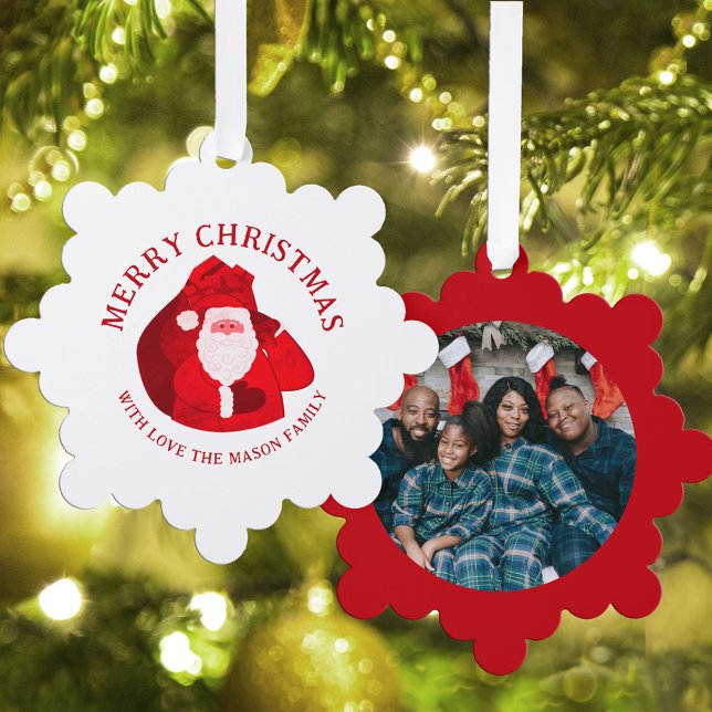 Santa and custom photo and name  tree decoration card (Creator Uploaded)