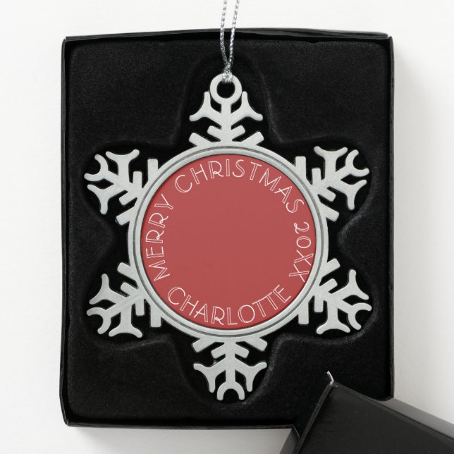 Santa And Daughter Photo | Red  Snowflake Pewter Christmas Ornament (Box)
