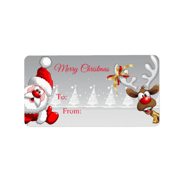 Santa And Deer Christmas Gift Sticker Labels (Front)