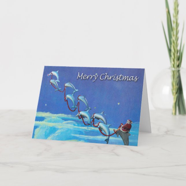 Santa and Dolphins Night Sky Christmas Card (Front)