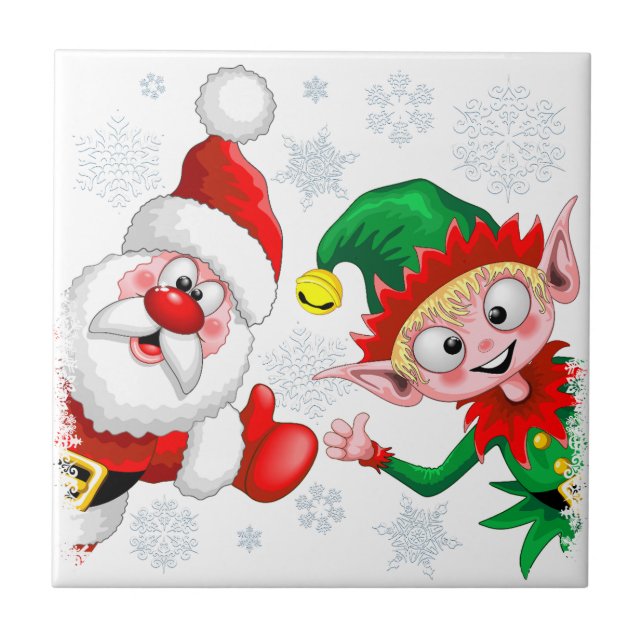 Santa and Elf Christmas Characters Thumbs Up  Ceramic Tile (Front)