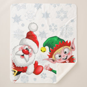 Santa and Elf Christmas Characters Thumbs Up  Sherpa Blanket