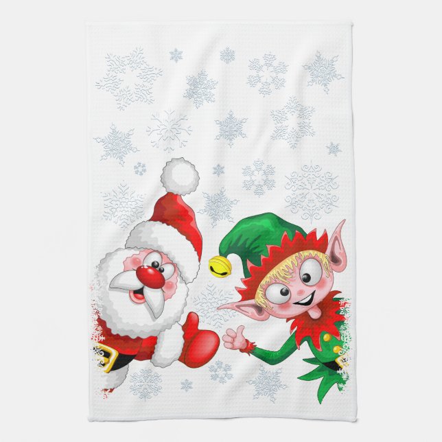 Santa and Elf Christmas Characters Thumbs Up  Tea Towel (Vertical)