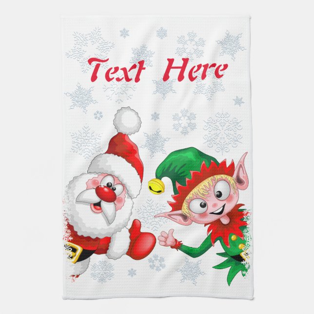 Santa and Elf Christmas Characters Thumbs Up  Tea Towel (Vertical)