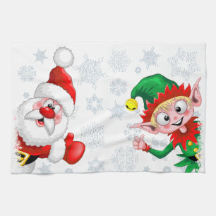 Santa and Elf Christmas Characters Thumbs Up  Tea Towel
