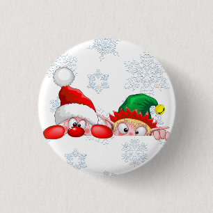 Santa and Elf Cute and funny Characters Peeking  3 Cm Round Badge