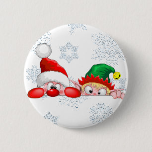 Santa and Elf Cute and funny Characters Peeking   6 Cm Round Badge