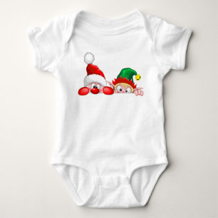 Santa and Elf Cute and funny Characters Peeking Baby Bodysuit