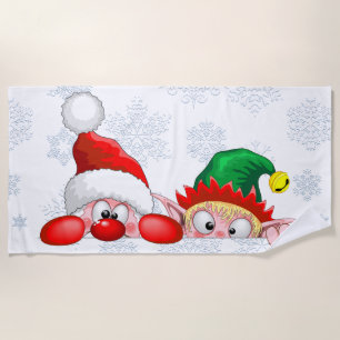 Santa and Elf Cute and funny Characters Peeking Beach Towel