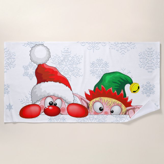 Santa and Elf Cute and funny Characters Peeking   Beach Towel (Front)