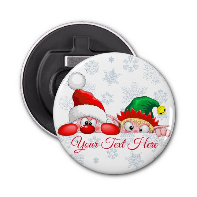 Santa and Elf Cute and funny Characters Peeking   Bottle Opener (Front)