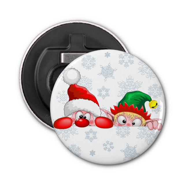 Santa and Elf Cute and funny Characters Peeking Bottle Opener (Front)