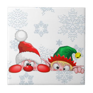 Santa and Elf Cute and funny Characters Peeking  Ceramic Tile