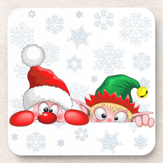Santa and Elf Cute and funny Characters Peeking   Coaster (Front)