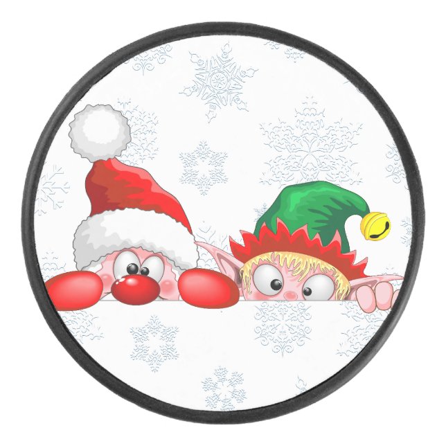 Santa and Elf Cute and funny Characters Peeking  Hockey Puck (Front)