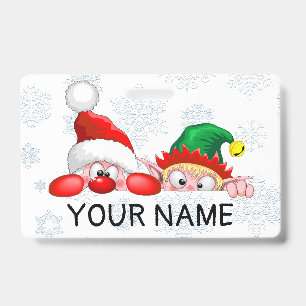 Santa and Elf Cute and funny Characters Peeking ID Badge