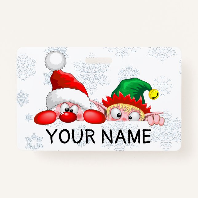 Santa and Elf Cute and funny Characters Peeking   ID Badge (Front)