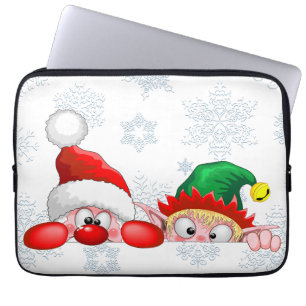 Santa and Elf Cute and funny Characters Peeking Laptop Sleeve