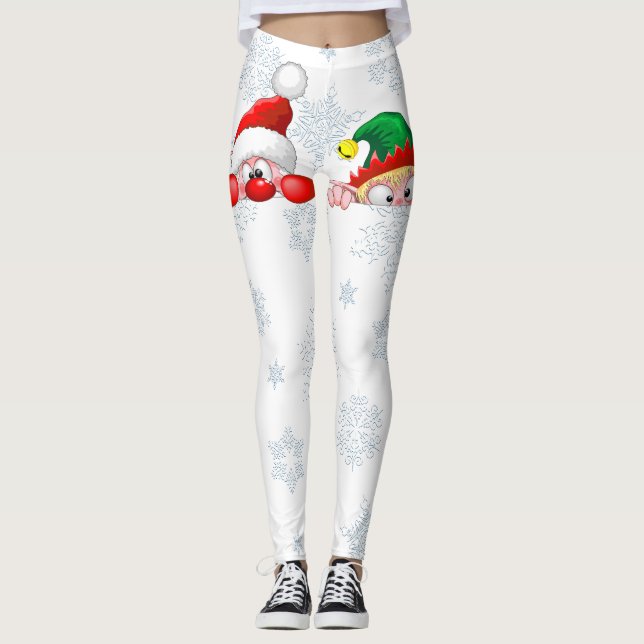 Santa and Elf Cute and funny Characters Peeking  Leggings (Front)