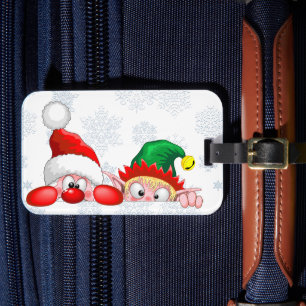Santa and Elf Cute and funny Characters Peeking   Luggage Tag